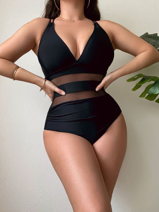 Damen Sportlicher Badeanzug mit transparenter Taille R&B
