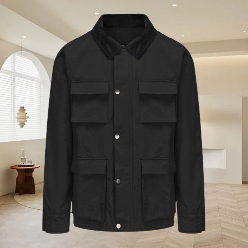 Herren modische Utility-Jacke mit mehreren praktischen Taschen und Kunstfellkragen R&B