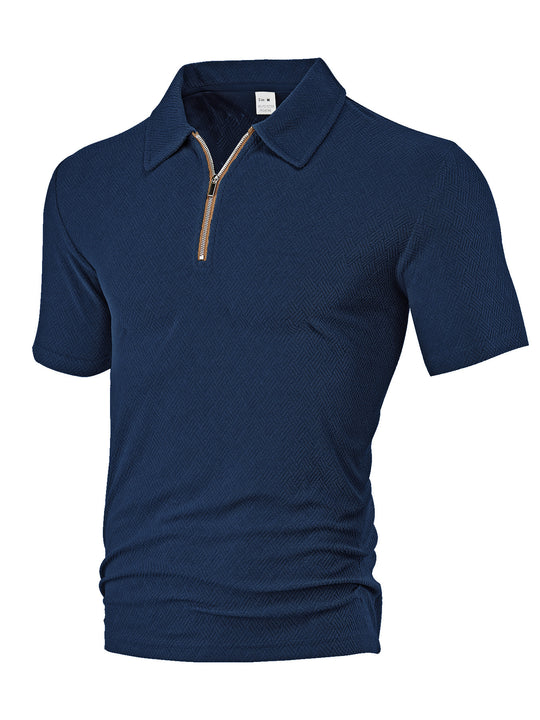 Herren nan schmal geschnittenes Halbzip-Polo mit feiner Fischgrät-Jacquardstruktur R&B