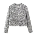 Damen nan gefütterte Bouclé-Kurzjacke mit Paillettenbesatz, Rundhalsausschnitt und offener Front R&B
