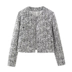 Damen nan gefütterte Bouclé-Kurzjacke mit Paillettenbesatz, Rundhalsausschnitt und offener Front R&B