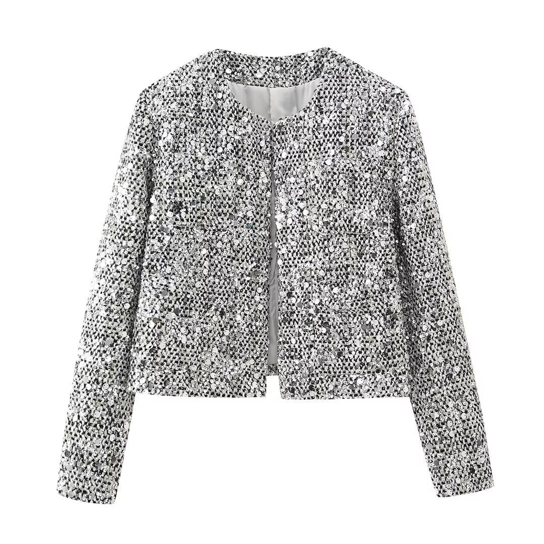 Damen nan gefütterte Bouclé-Kurzjacke mit Paillettenbesatz, Rundhalsausschnitt und offener Front R&B