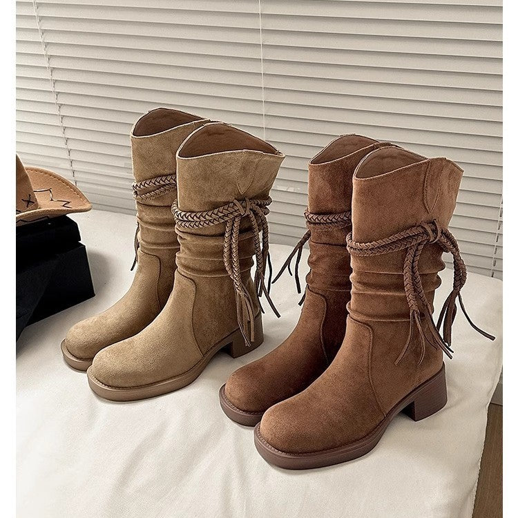 Damen Overknee-Stiefel mit dekorativen Knoten und weichem Wildleder R&B