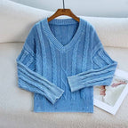 Damen Modischer Strickpullover mit V-Ausschnitt und Zopfmuster R&B