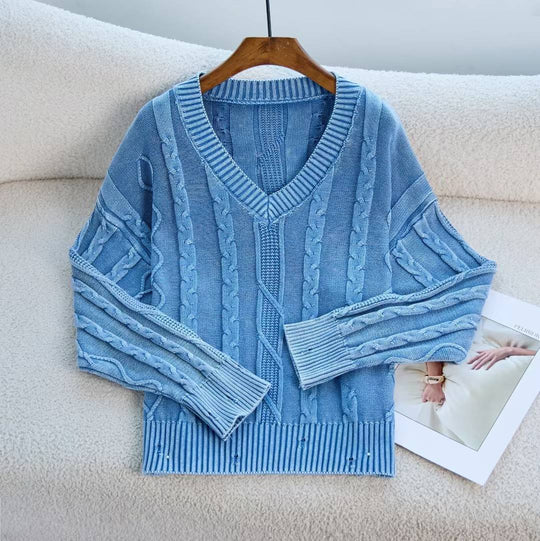 Damen Modischer Strickpullover mit V-Ausschnitt und Zopfmuster R&B