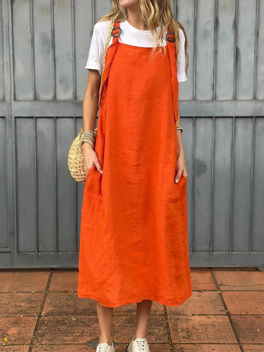 Damen lässiges Leinenkleid mit praktischen Taschen und verstellbaren Trägern R&B