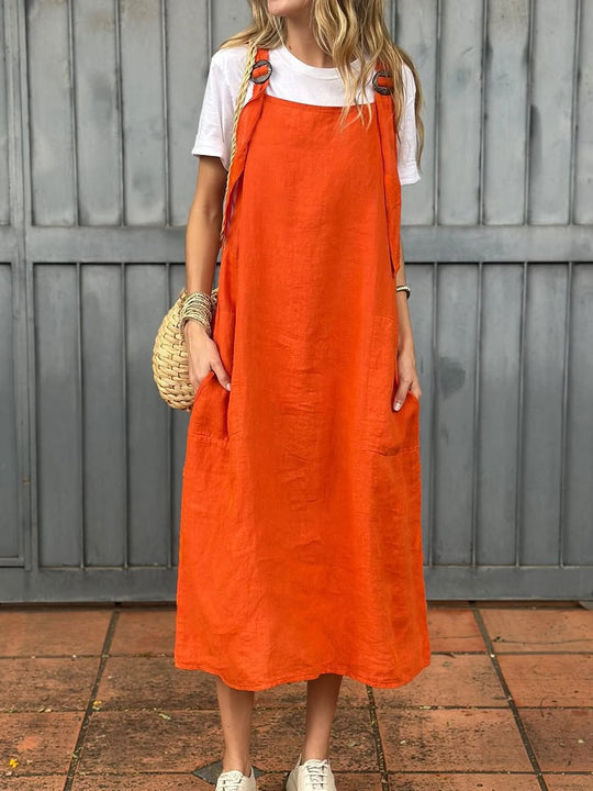 Damen lässiges Leinenkleid mit praktischen Taschen und verstellbaren Trägern R&B