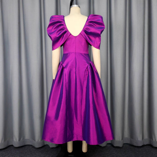 Damen Elegantes Satin Abendkleid mit voluminösen Puffärmeln R&B