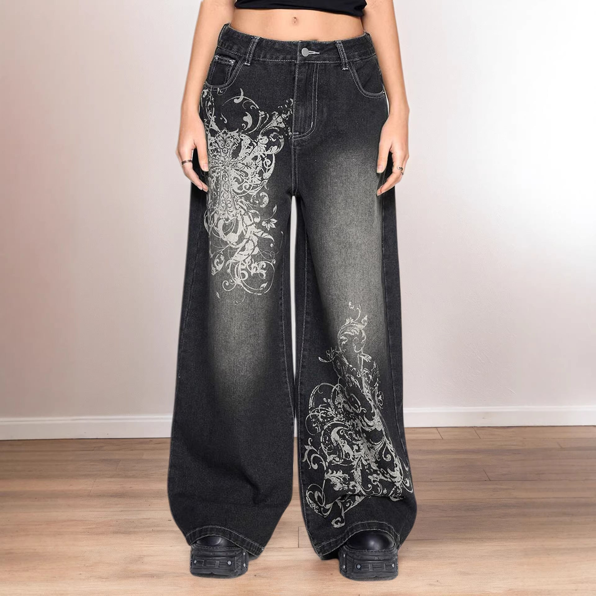 Damen Weite Denim-Hose mit auffälligem grafischem Druck R&B