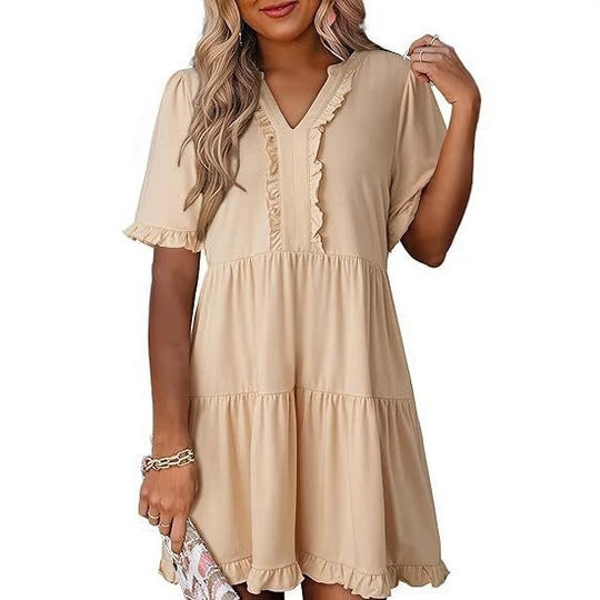 Damen nan leichtes Swingkleid mit V-Ausschnitt, gestufter Rockpartie und zarten Volants R&B