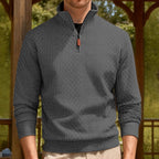 Herren nan feinstrukturierter Halbzip-Pullover im Jacquard-Relief mit hohem Stehkragen und Leder-Zipper R&B