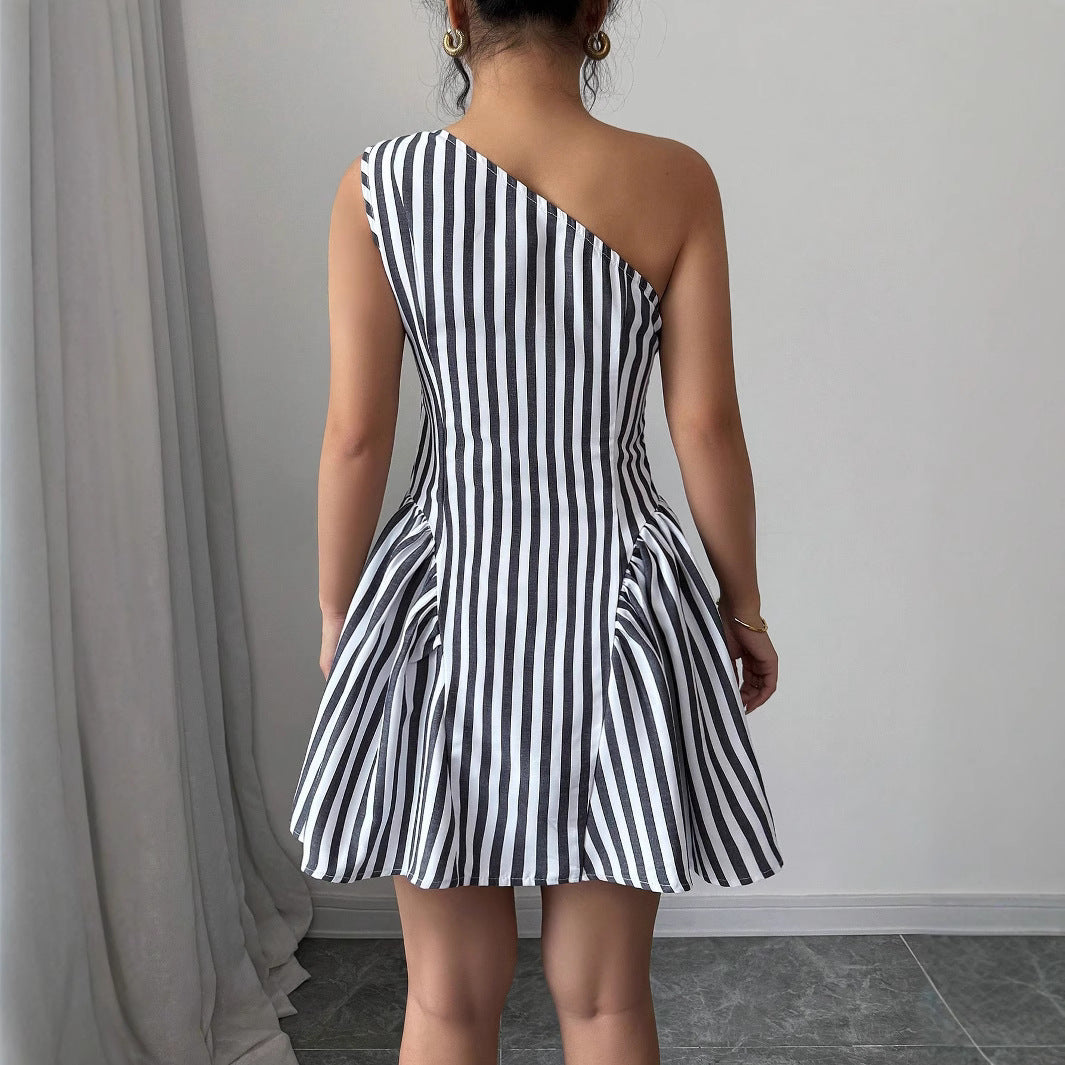 Damen Schulterfreies Streifen-Kleid mit eleganten Falten R&B