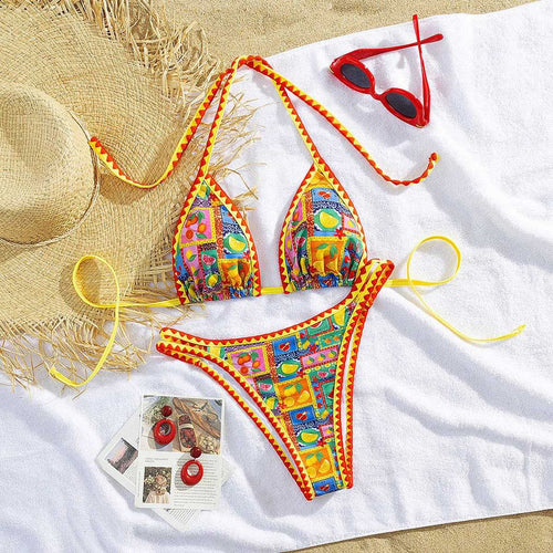 Damen Triangel-Bikini mit buntem Mustermix R&B