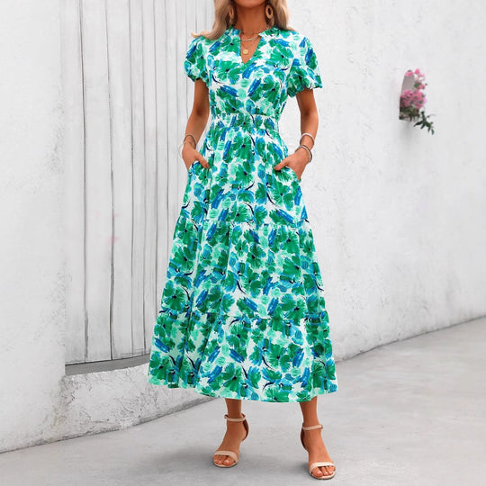 Damen Maxi-Kleid mit floralen Mustern und rüschendem Saum R&B