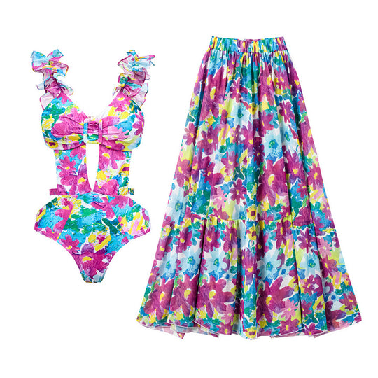 Damen Bikiniset mit voluminösen Rüschendetails und fließendem Maxi-Rock R&B
