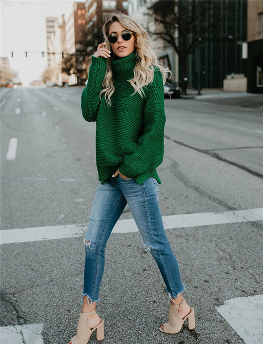 Damen Strickpullover mit hohen Kragen und breitem Bündchen R&B