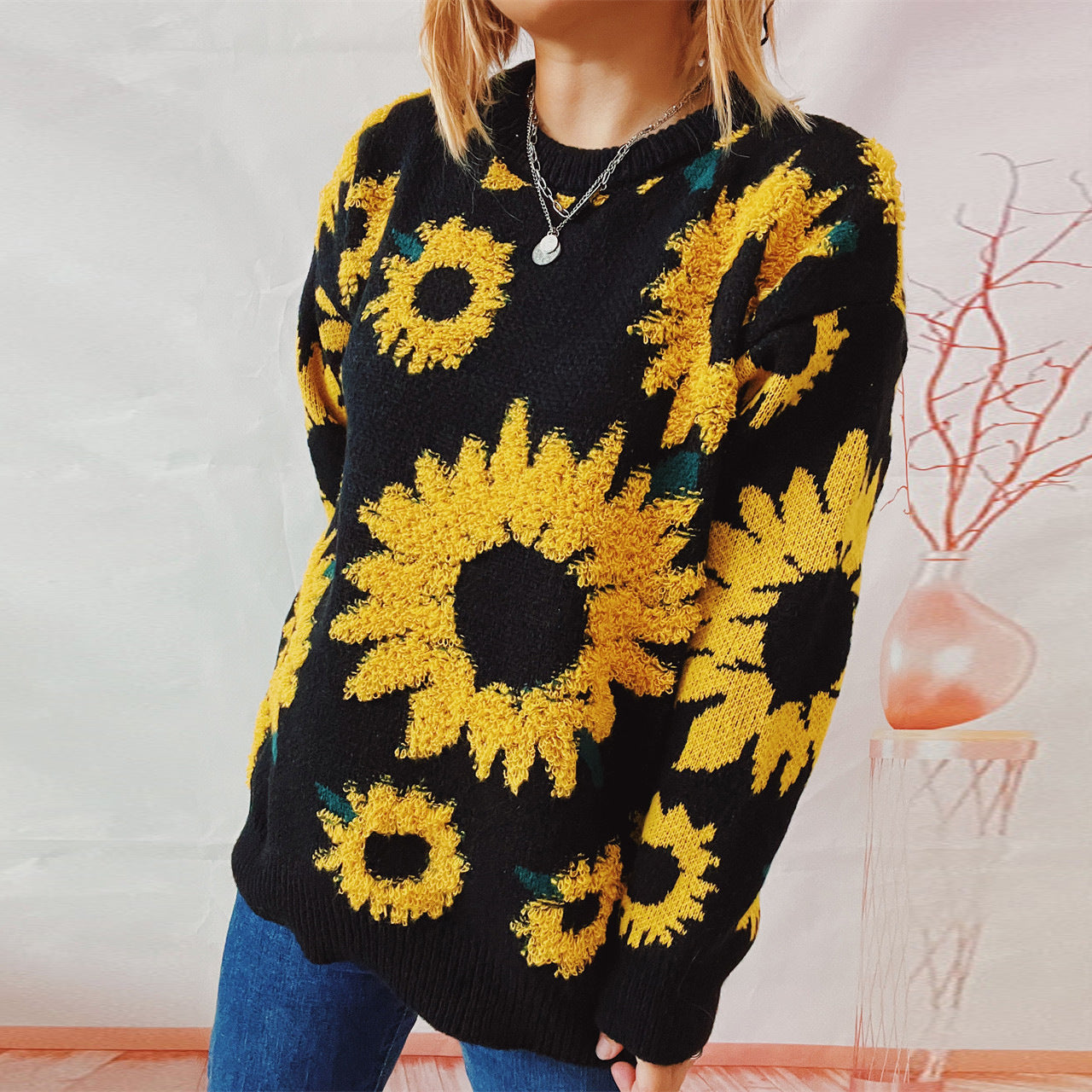 Damen Strickpullover mit floralem Design und Oversize-Schnitt R&B