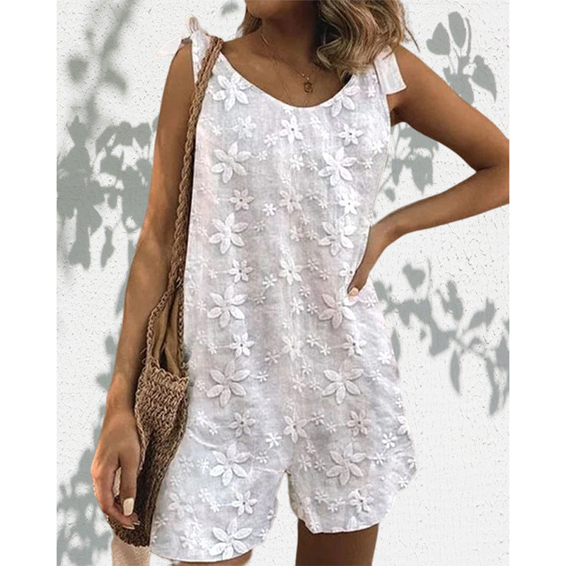 Damen nan leichter Kurzoverall mit floraler dreidimensionaler Stickerei, verstellbaren Bindeträgern und lockerer A-Linien-Silhouette R&B