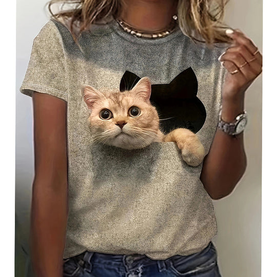 Damen T-Shirt mit 3D-Katzenmotiv und kreativem Rissdesign R&B