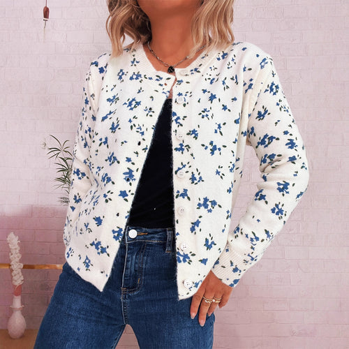 Damen gemütliche Strickjacke mit floralen Mustern und Knopfverschluss R&B