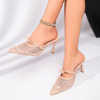 Damen elegante spitze Mules mit funkelnden Strasssteinen R&B