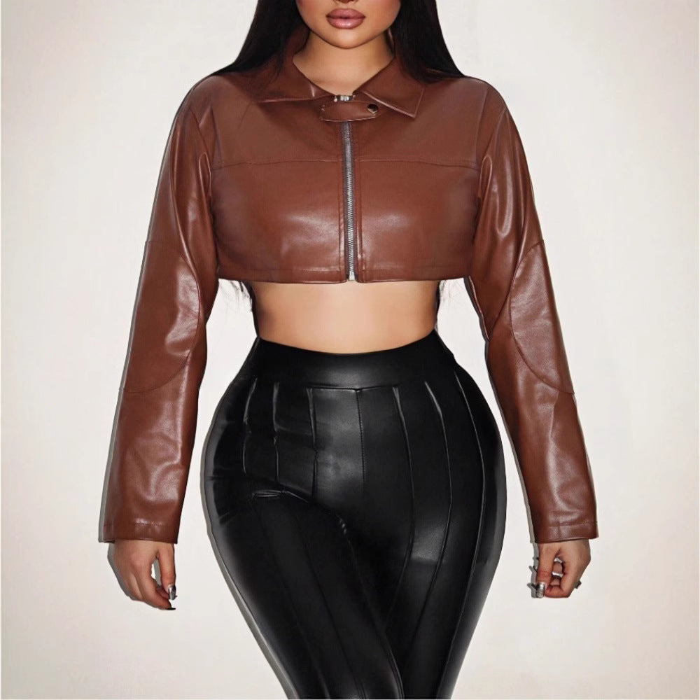 Damen cropped Kunstlederjacke mit innovativem Reißverschluss R&B