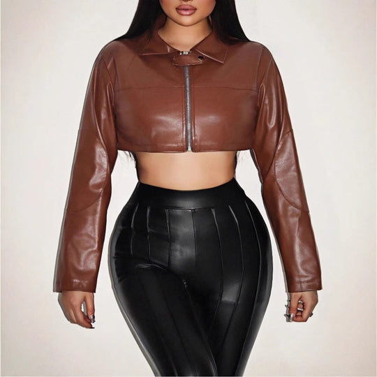 Damen cropped Kunstlederjacke mit innovativem Reißverschluss R&B