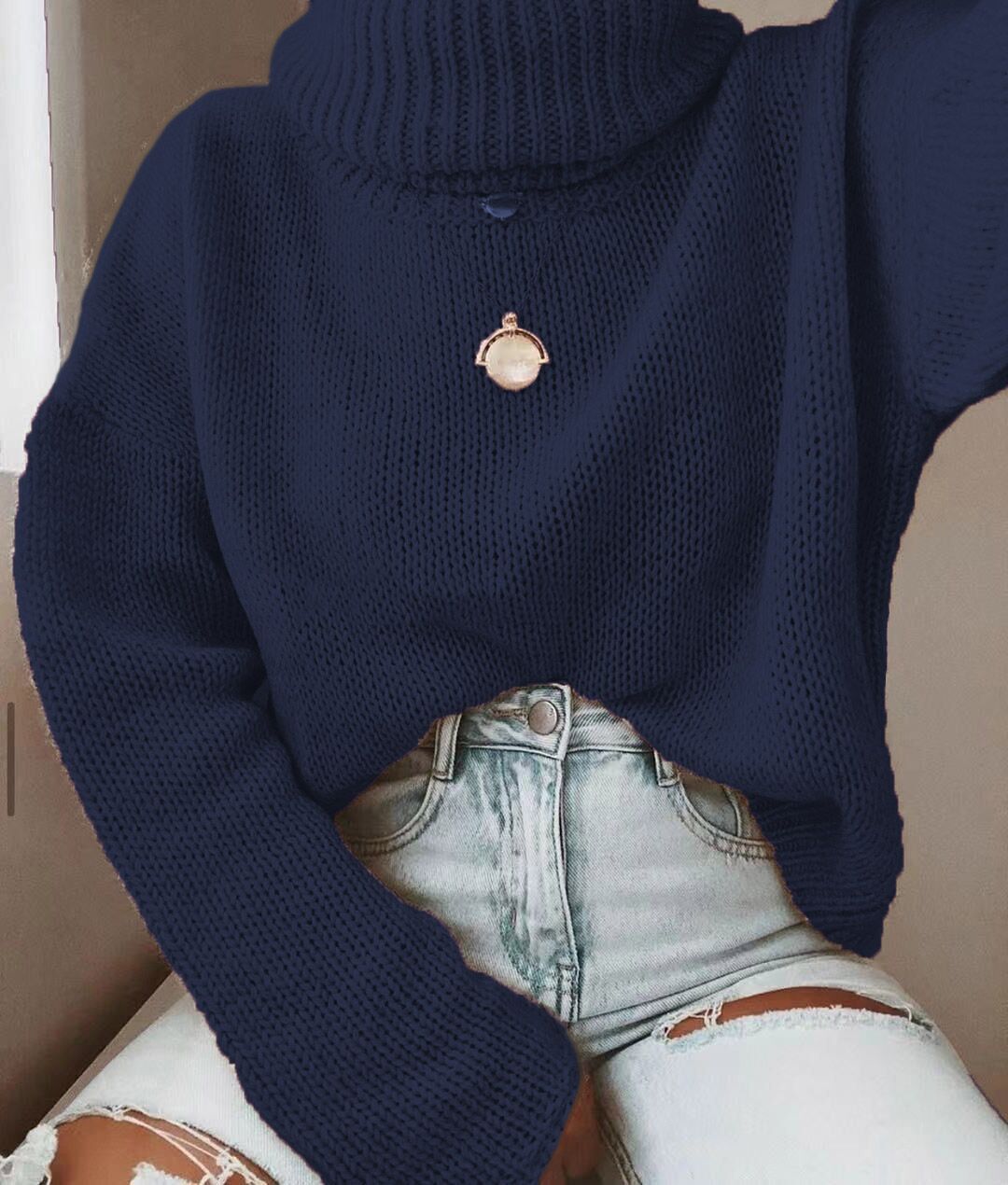 Damen Strickpullover mit hohem Kragen und lässigem Schnitt R&B
