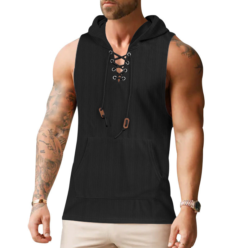 Herren ärmelloses Kapuzenshirt mit modischem Schnürdesign und praktischer Kängurutasche R&B