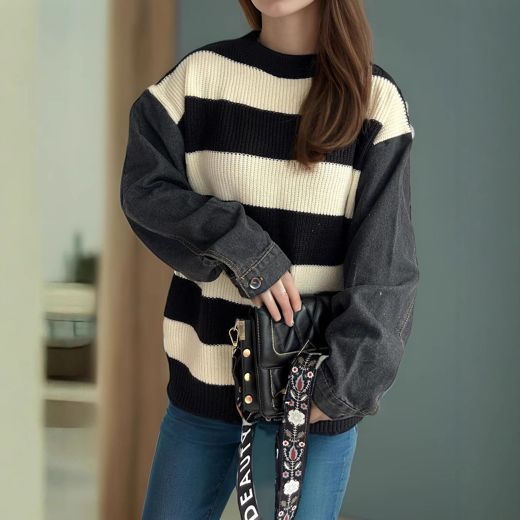 Damen lässiger Strickpullover mit auffälligem Blockstreifenmuster und weiten Ärmeln R&B
