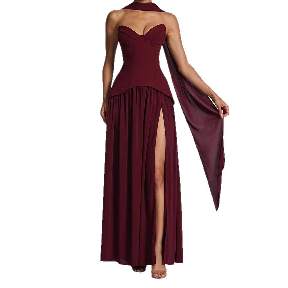 Damen Elegantes Maxikleid mit Abnehmbarem Cape R&B