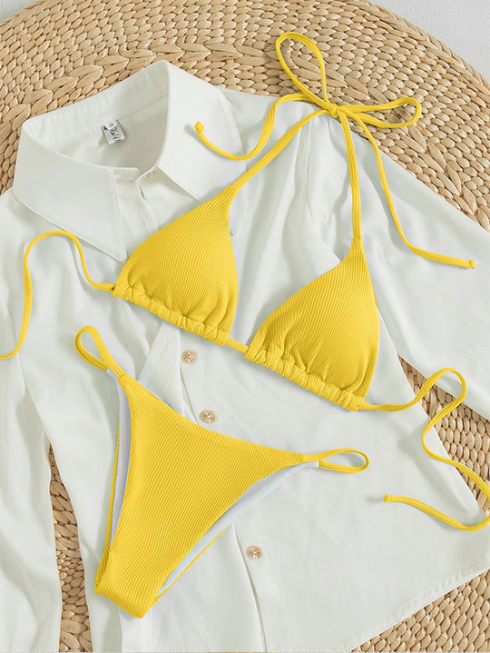 Damen Triangel-Bikini mit feinem Rippstruktur und verspielten Bindebändern R&B
