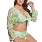Damen Crop Top Bikini-Set mit langärmligem Oberteil und hochgeschnittenem Höschen R&B