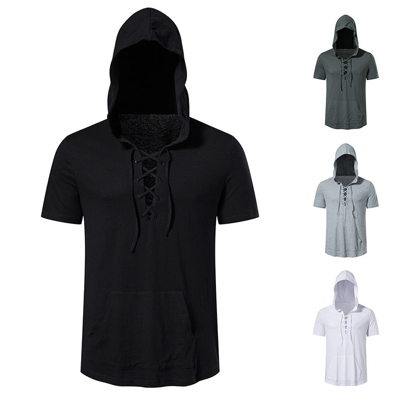 Herren Kurzarm-Hoodie mit lässigem Lacing-Design und praktischer Kängurutasche