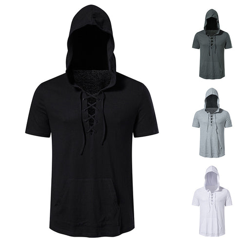 Herren Kurzarm-Hoodie mit lässigem Lacing-Design und praktischer Kängurutasche R&B