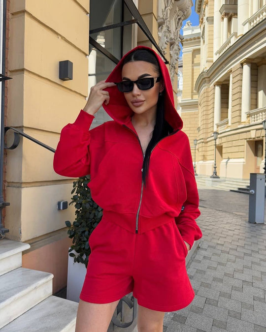 Damen lässiges Cropped Hoodie- und Shorts-Set mit praktischen Kordelzügen R&B