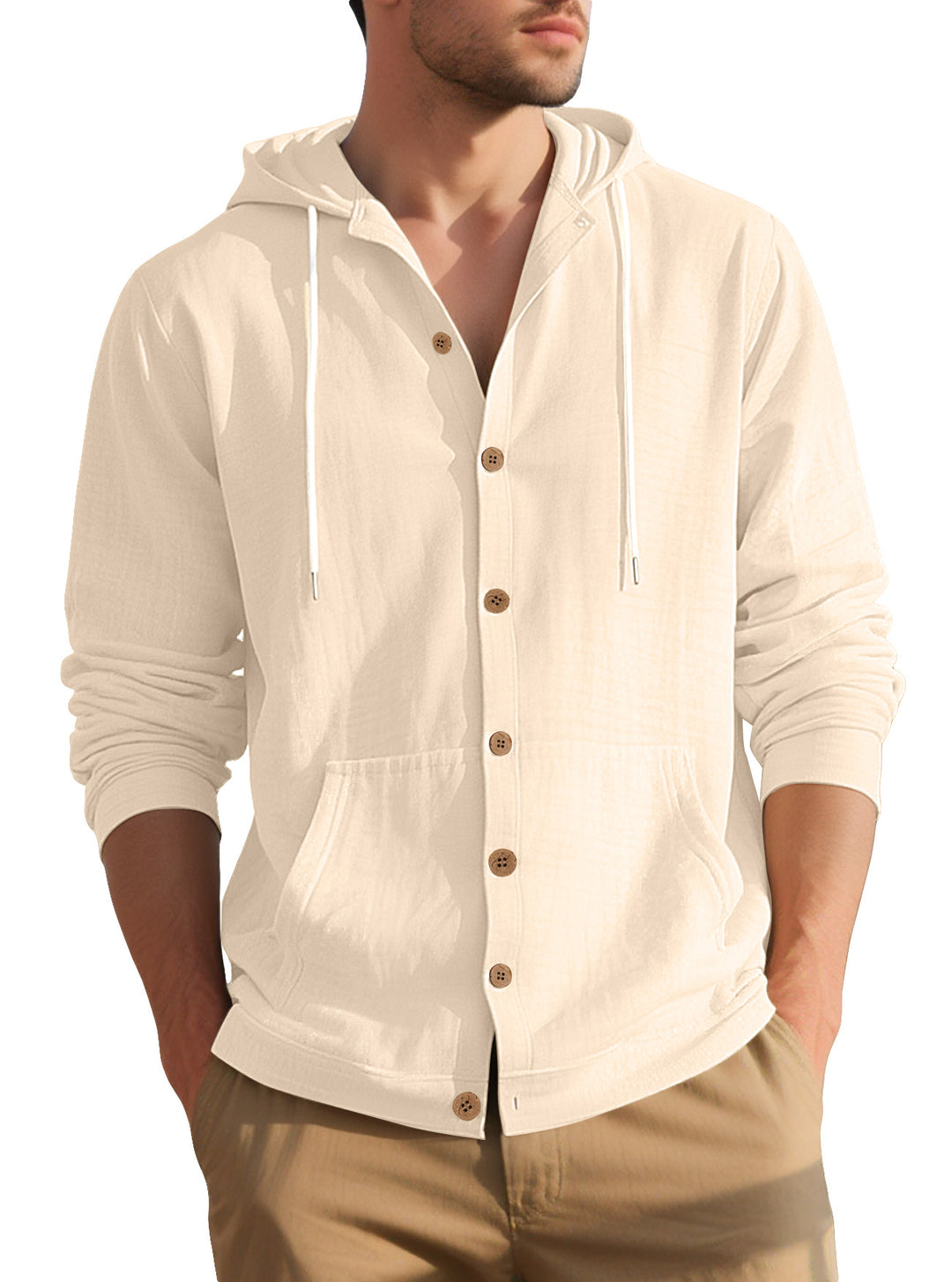 Herren nan leichtes Kapuzen-Übershirt im Crinkle-Look mit Holzknopfleiste und Kängurutasche R&B