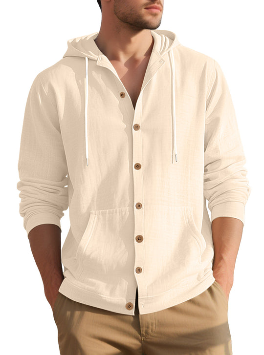 Herren nan leichtes Kapuzen-Übershirt im Crinkle-Look mit Holzknopfleiste und Kängurutasche R&B