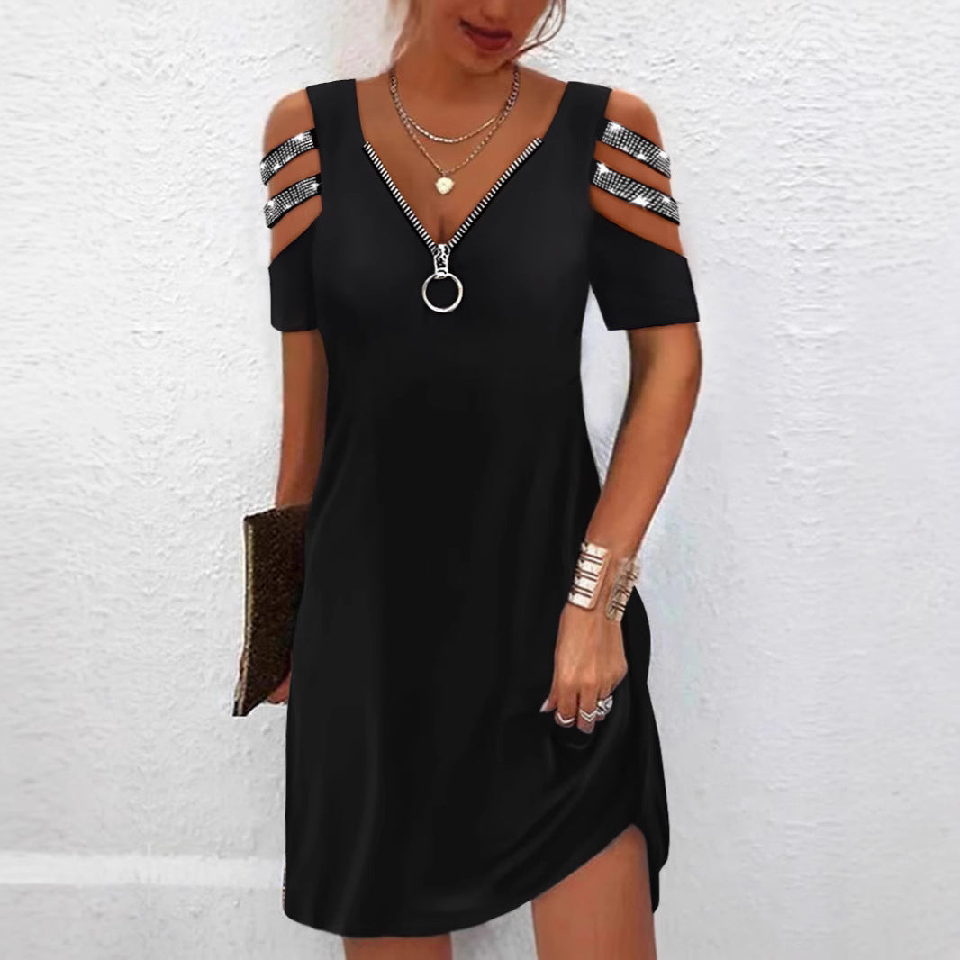 Damen Trendiges Kleid mit schulterfreien Ärmeln und Reißverschlussdetails R&B