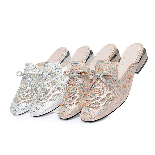 Damen Mules mit funkelndem Strassbesatz und elegantem Spitzenmuster R&B