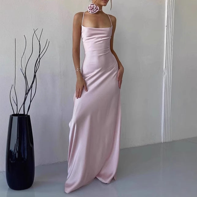 Damen Elegantes Bodenkotan Maxi-Kleid mit schmalen Spaghetti-Trägern und tiefem Ausschnitt R&B