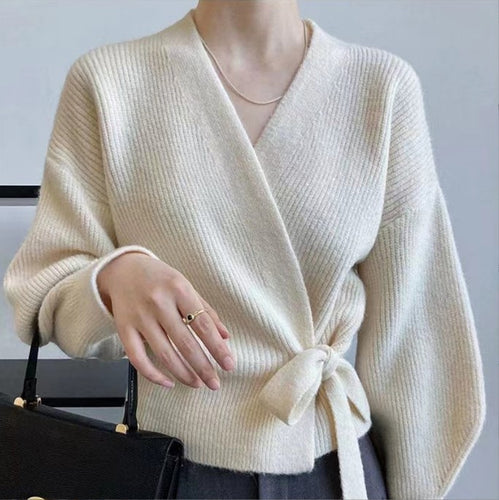 Damen Wickelstrickjacke mit weit geschnittenen Ärmeln und Taillengürtel R&B
