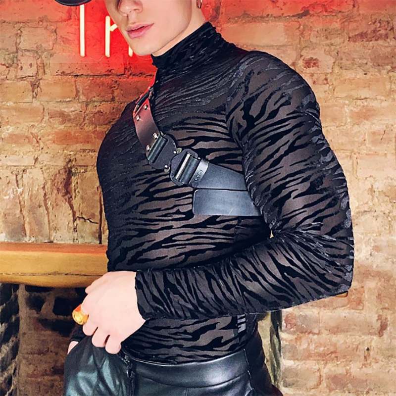 Damen nan transparentes langärmliges Netzoberteil mit Rollkragen und animalischem Strukturmuster R&B