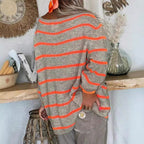 Damen Oversized Strickpullover mit eleganten Streifen und praktischen Taschen R&B