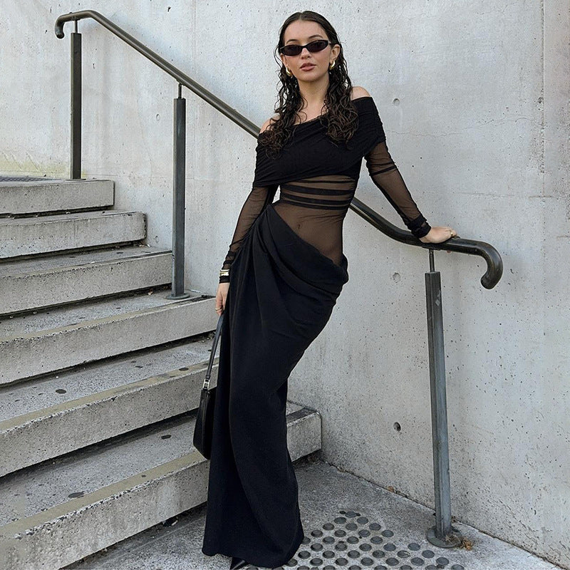 Damen Elegantes Off-Shoulder-Maxikleid mit transparenten Einsätzen und gerafftem Design