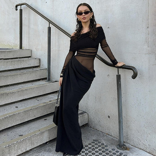 Damen Elegantes Off-Shoulder-Maxikleid mit transparenten Einsätzen und gerafftem Design R&B