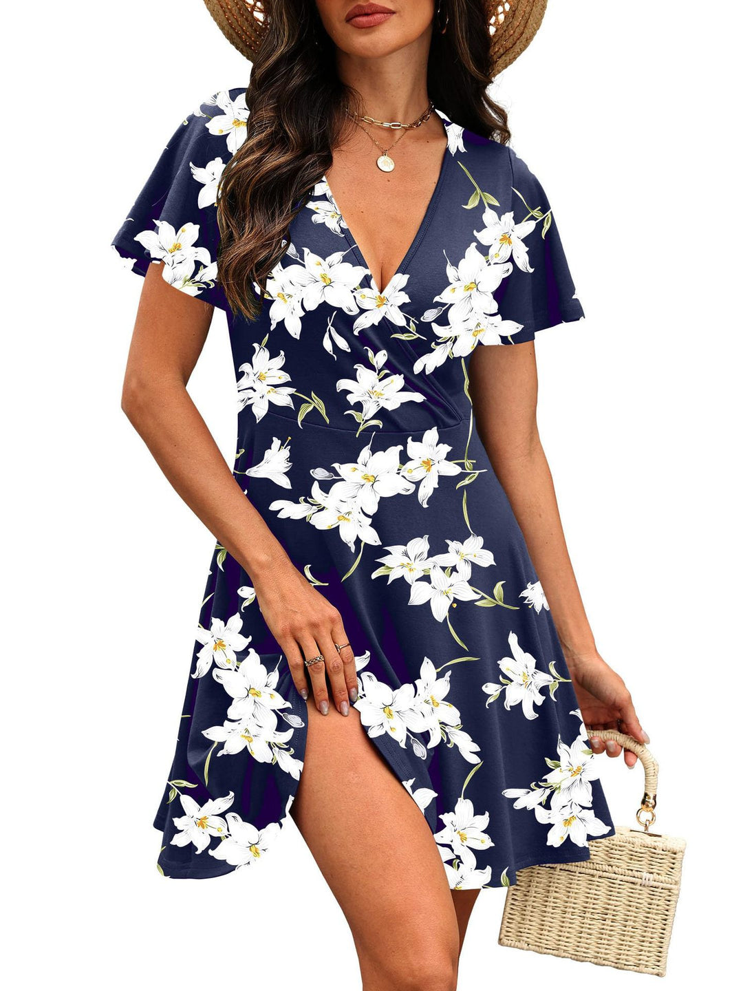 Damen Kurzärmeliges Wickelkleid mit floralen Mustern und V-Ausschnitt R&B