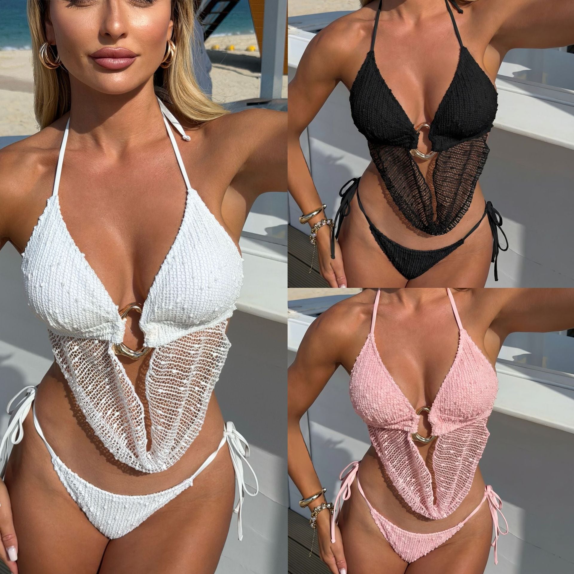 Damen Triangel-Bikini mit raffiniertem Netzdesign und luxuriösen Ringen R&B