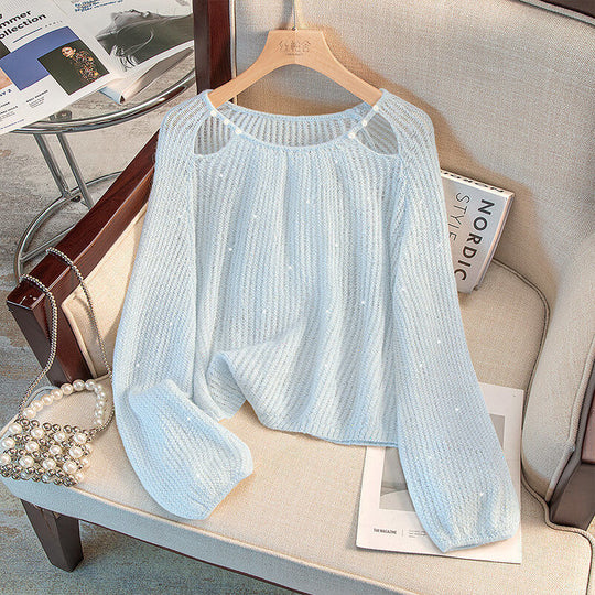 Damen lässiger Pullover mit Off-Shoulder Design und funkelnden Details R&B