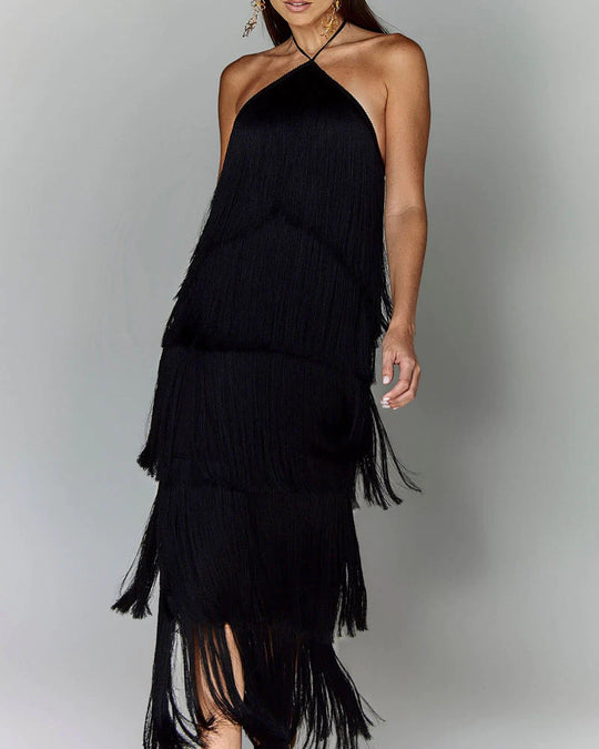 Damen Glamouröses Maxikleid mit Fransen und schulterfreiem Design R&B